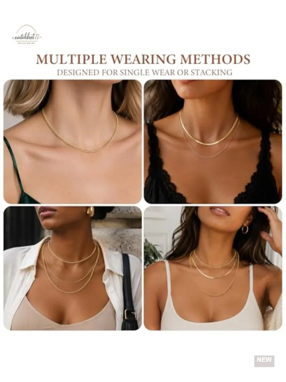 4-Piece 14K Gold Plated Dainty Layering Necklace Set with Adjustable Extenders